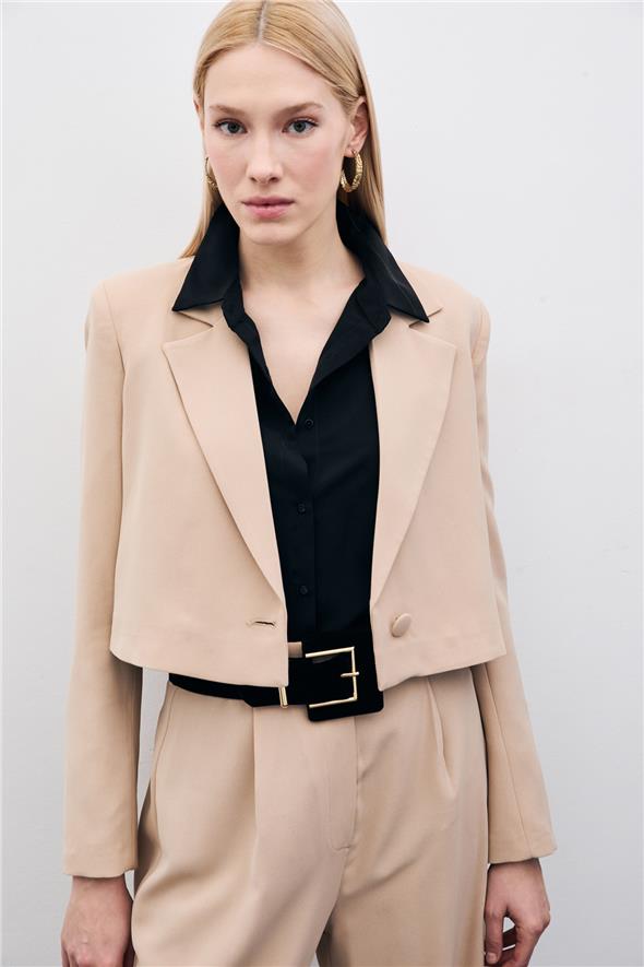 Kısa Krep Ceket - Bej