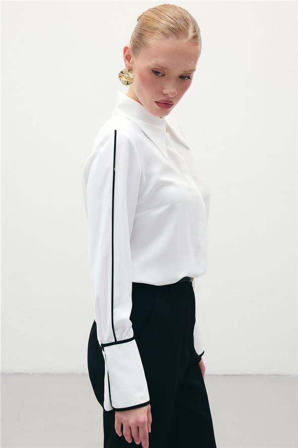 Klasik Manşetli Kontrast Gömlek - Ekru