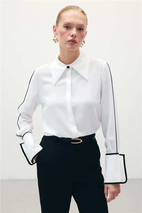 Klasik Manşetli Kontrast Gömlek - Ekru