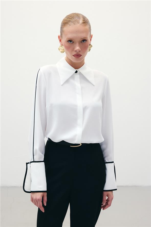 Klasik Manşetli Kontrast Gömlek - Ekru