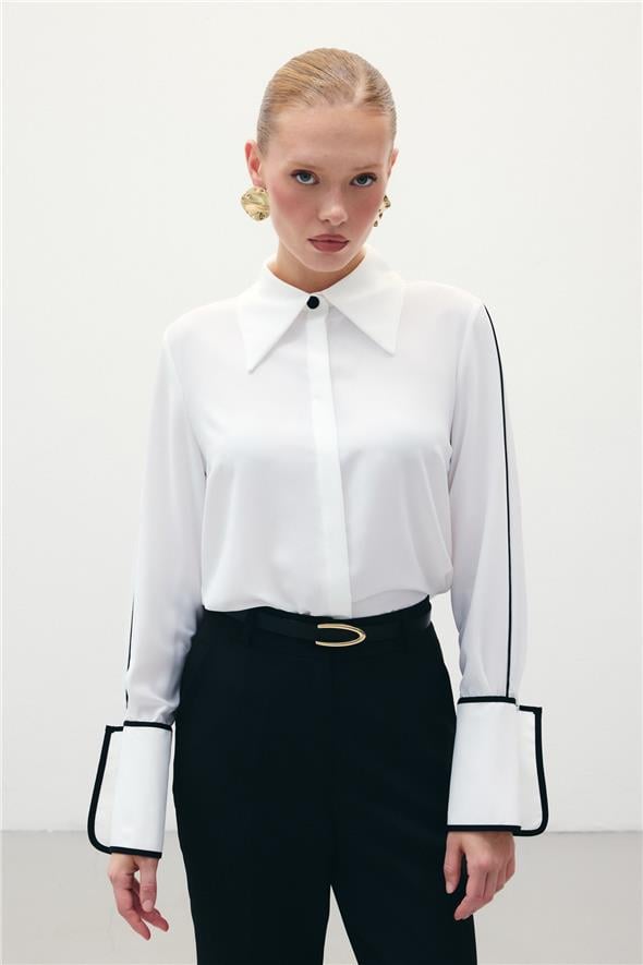 Klasik Manşetli Kontrast Gömlek - Ekru