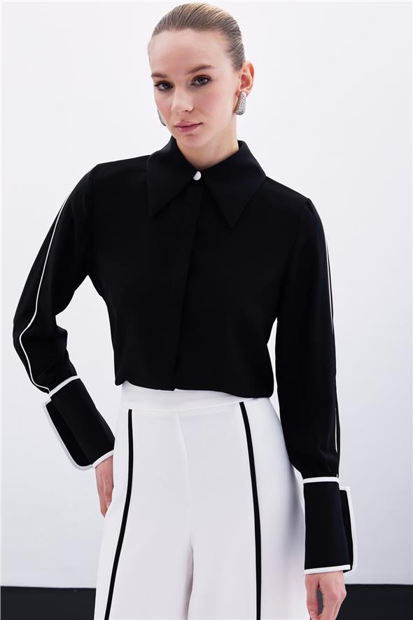 Klasik Manşetli Kontrast Gömlek - Siyah