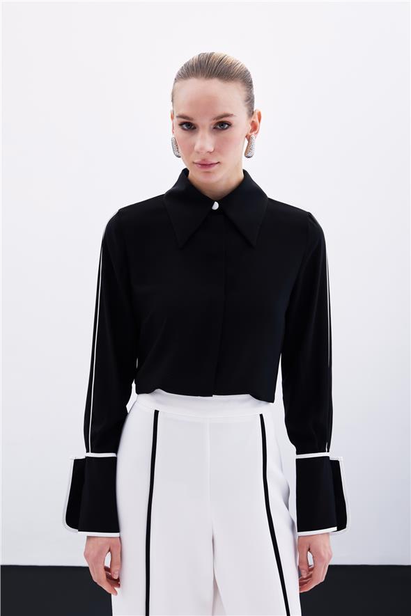 Klasik Manşetli Kontrast Gömlek - Siyah