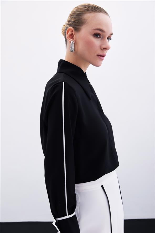 Klasik Manşetli Kontrast Gömlek - Siyah