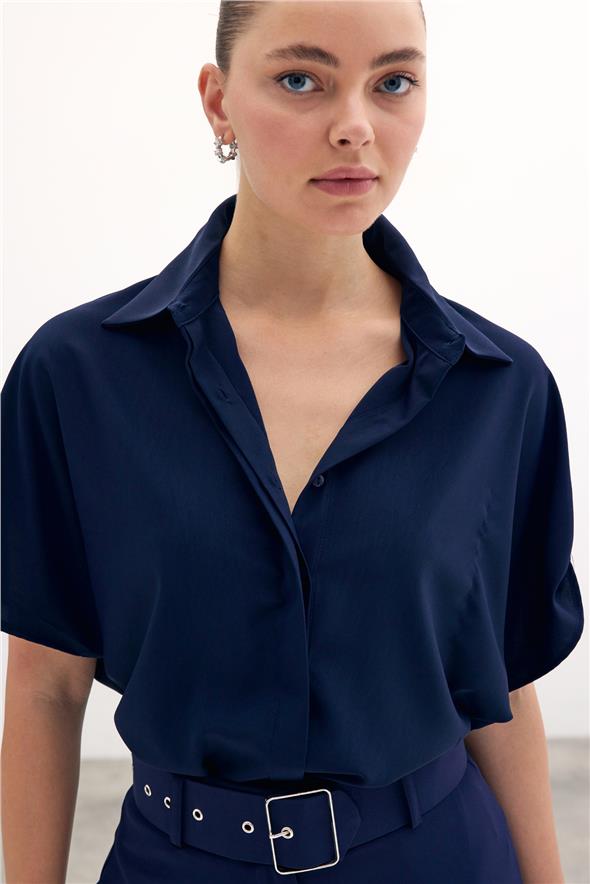 Kol Detaylı Salaş Gömlek - Lacivert