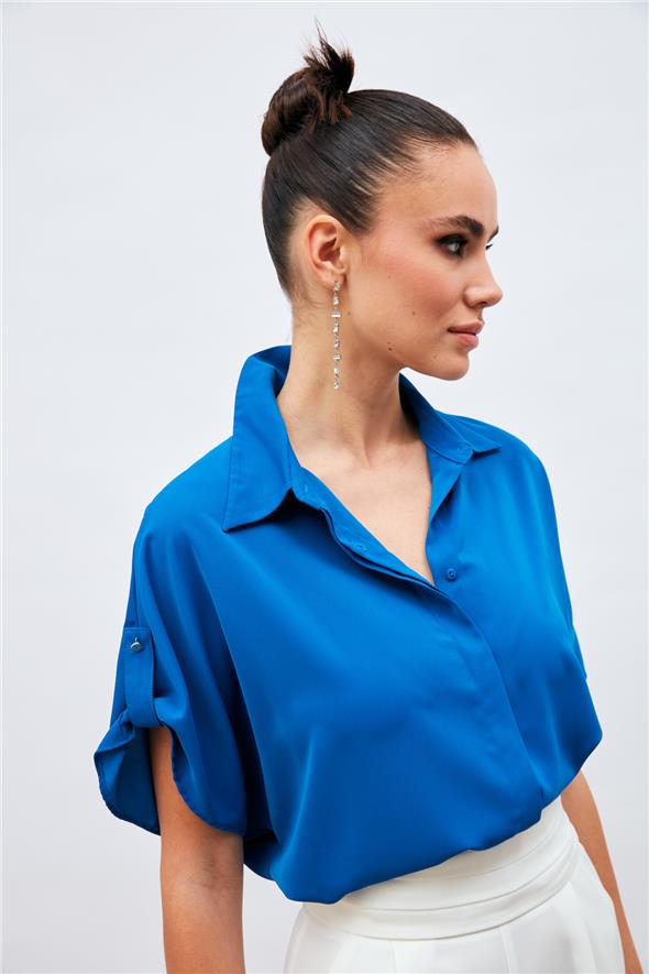 Kol Detaylı Salaş Gömlek - Sax Mavi