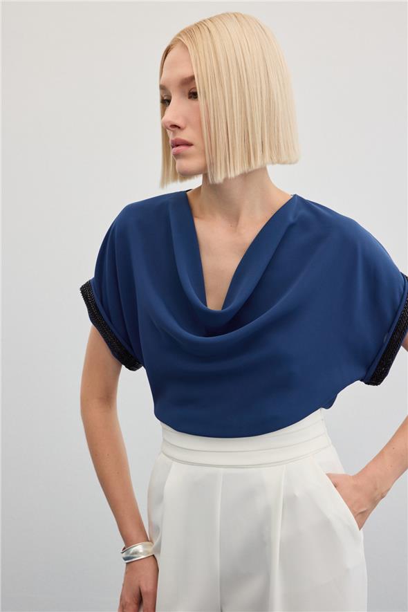 Kollar Taş Detaylı Salaş Bluz - İndigo