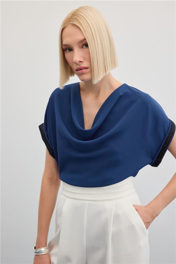 Kollar Taş Detaylı Salaş Bluz - İndigo