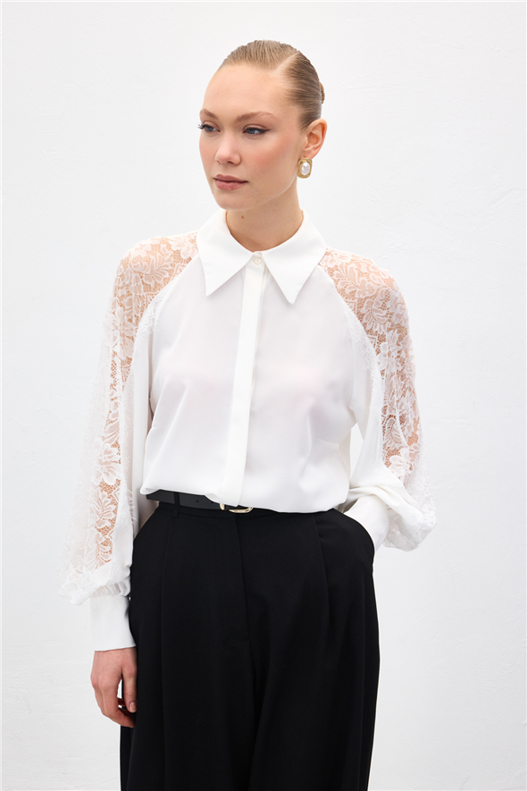 Kolları Dantel Detaylı Gömlek - Ekru