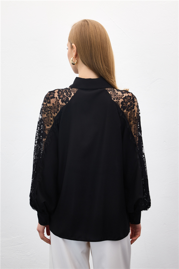 Kolları Dantel Detaylı Gömlek - Siyah