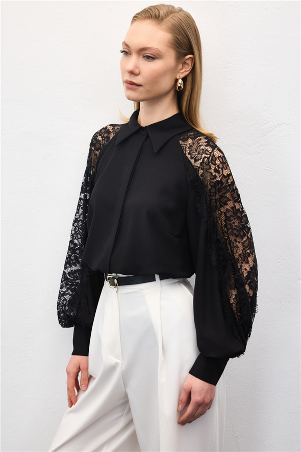Kolları Dantel Detaylı Gömlek - Siyah