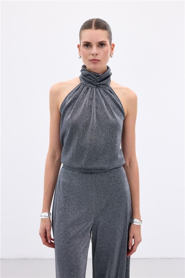 Kolsuz Parlak Bluz - Antrasit