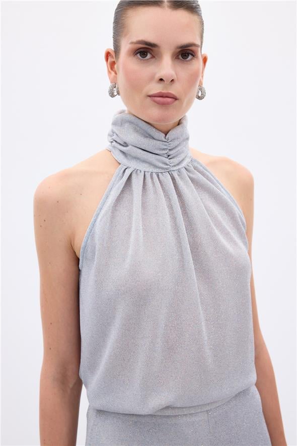 Kolsuz Parlak Bluz - Gümüş