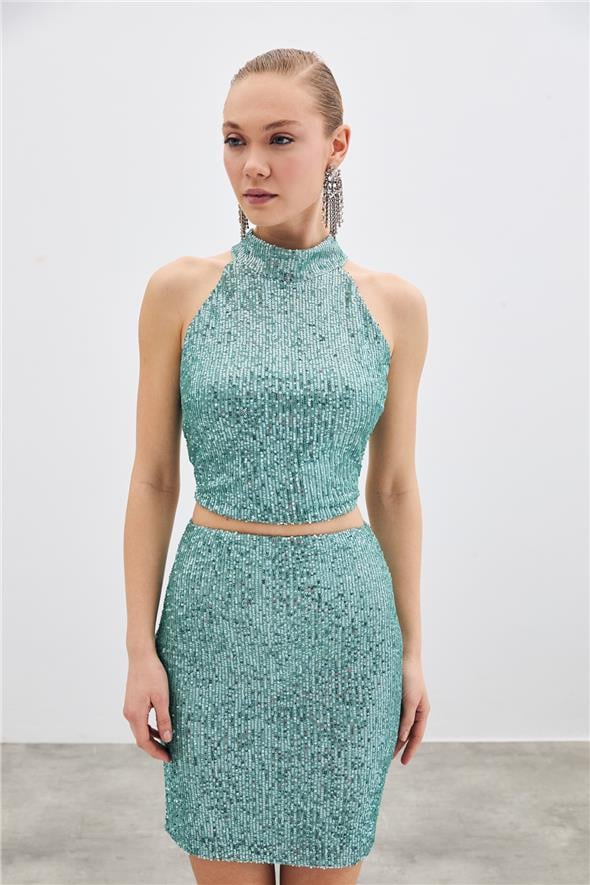 Kolsuz Payetli Bluz - Mint