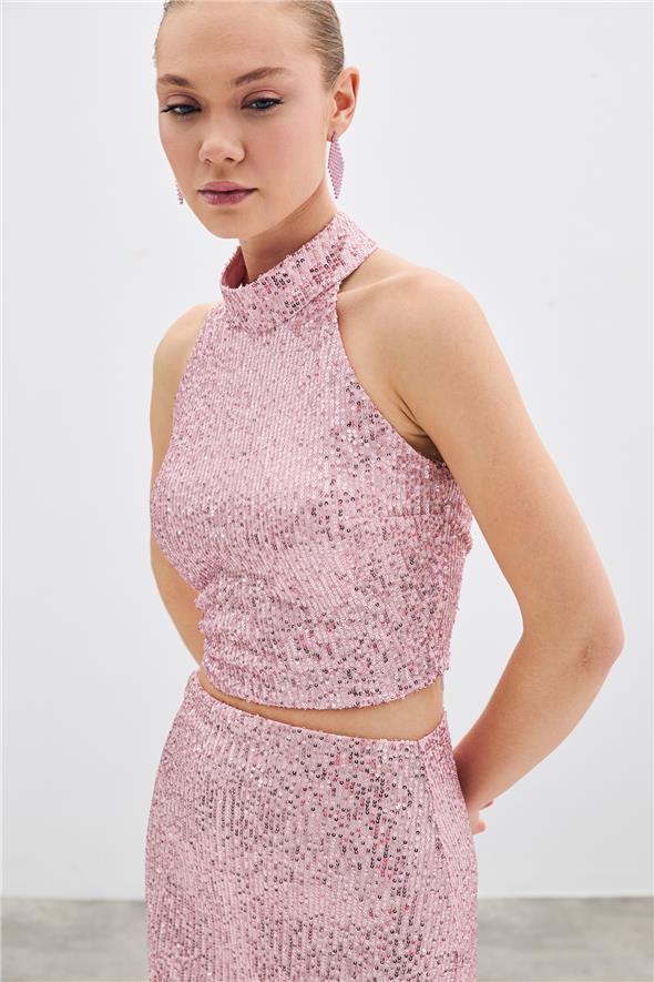 Kolsuz Payetli Bluz - Pudra