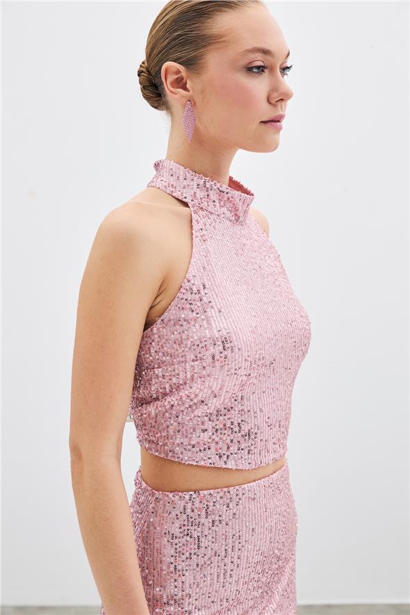 Kolsuz Payetli Bluz - Pudra