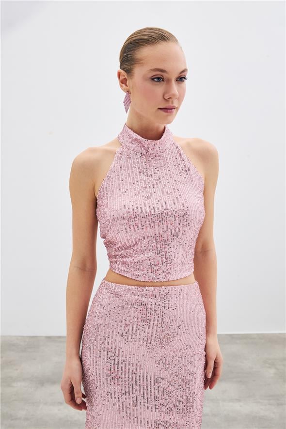 Kolsuz Payetli Bluz - Pudra