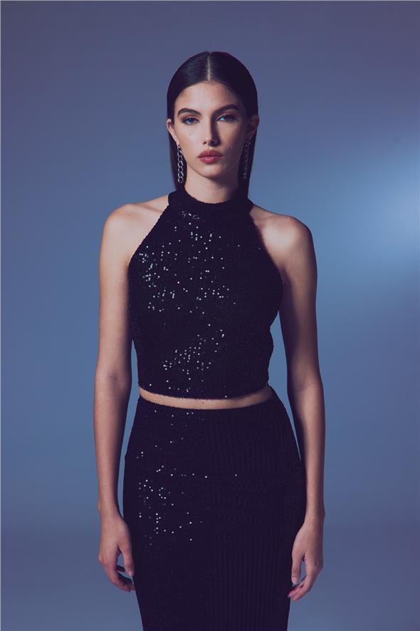 Kolsuz Payetli Bluz - Siyah