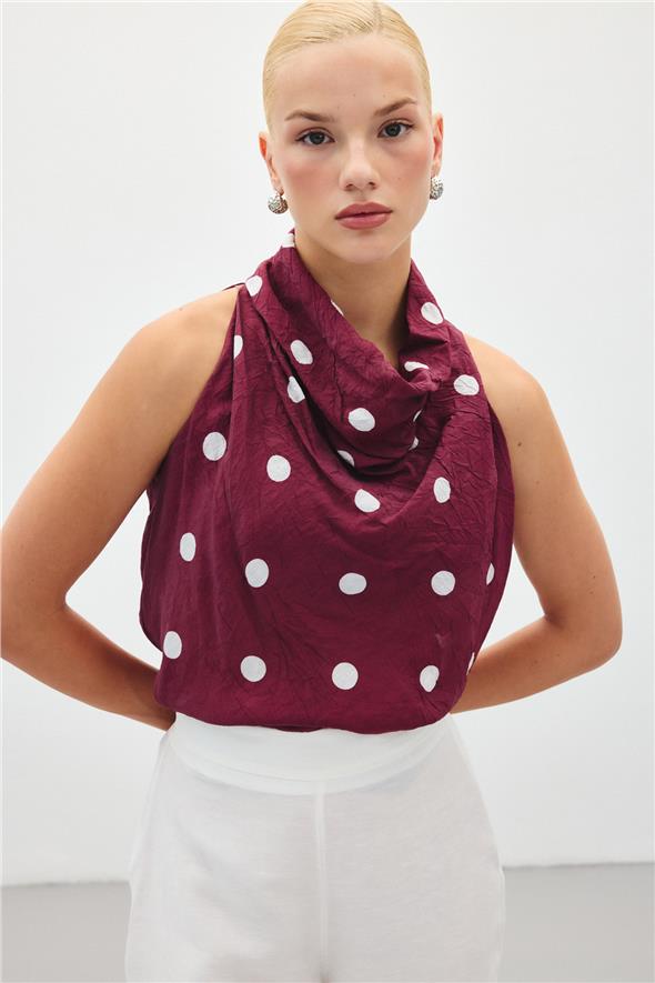 Kolsuz Puantiye Desenli Bluz - Bordo