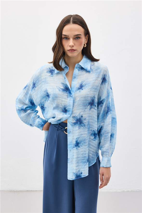 Kolu Katlamalı İnce Gömlek - Mavi