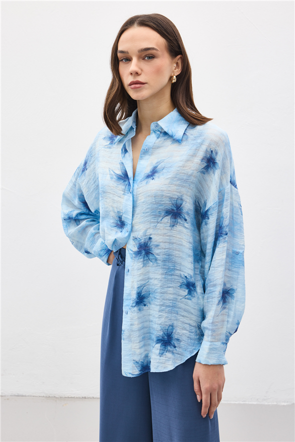 Kolu Katlamalı İnce Gömlek - Mavi