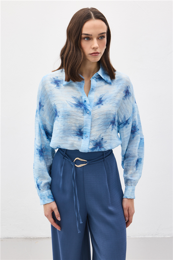 Kolu Katlamalı İnce Gömlek - Mavi