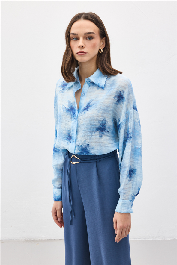 Kolu Katlamalı İnce Gömlek - Mavi