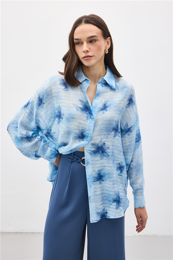 Kolu Katlamalı İnce Gömlek - Mavi