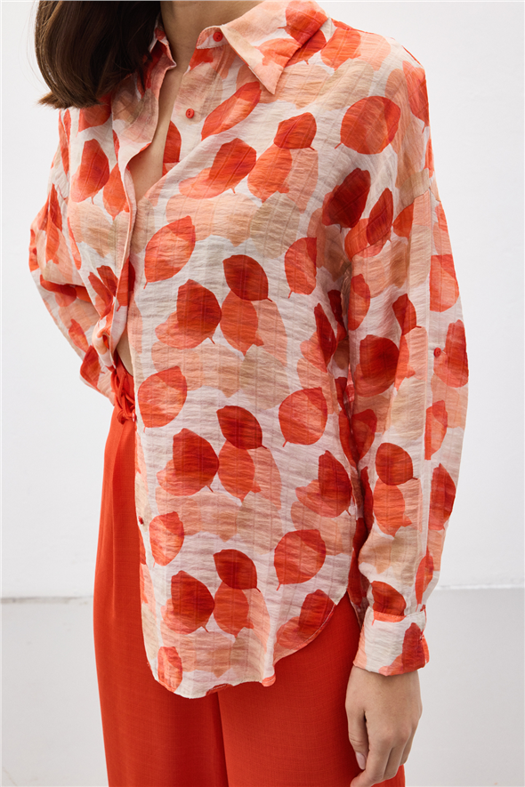 Kolu Katlamalı İnce Gömlek - Nar çiçeği