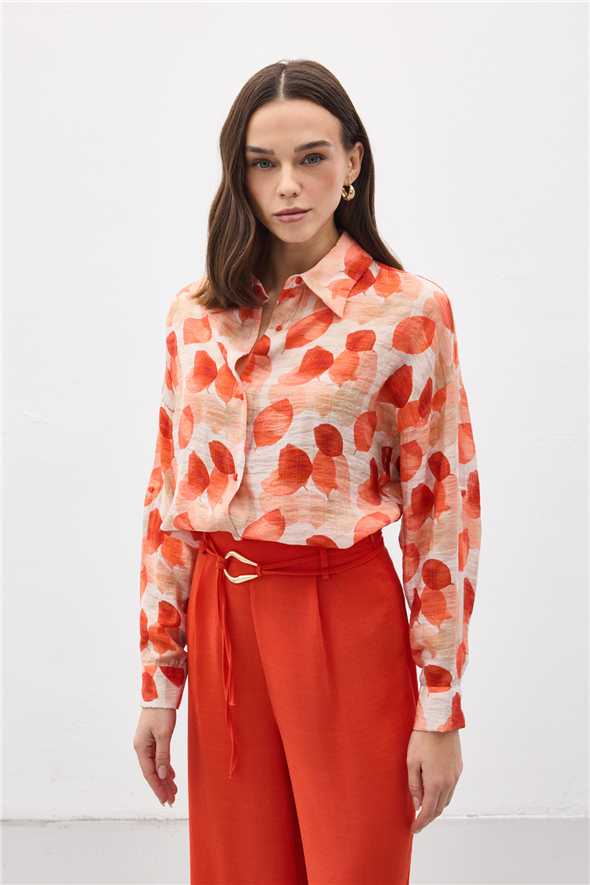 Kolu Katlamalı İnce Gömlek - Nar çiçeği