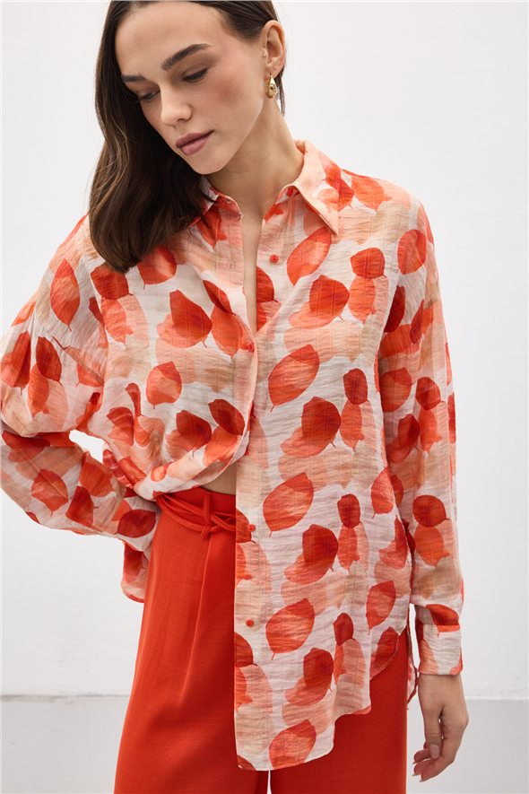 Kolu Katlamalı İnce Gömlek - Nar çiçeği