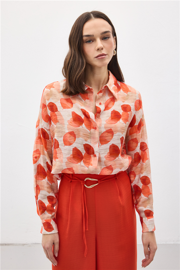 Kolu Katlamalı İnce Gömlek - Nar çiçeği