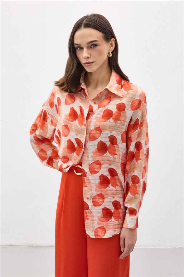Kolu Katlamalı İnce Gömlek - Nar çiçeği