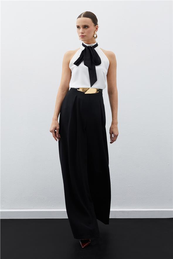 Kontrast Fularlı Kolsuz Bluz - Ekru