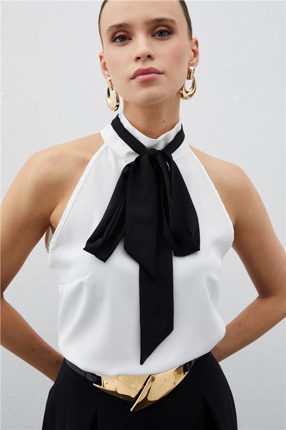 Kontrast Fularlı Kolsuz Bluz - Ekru