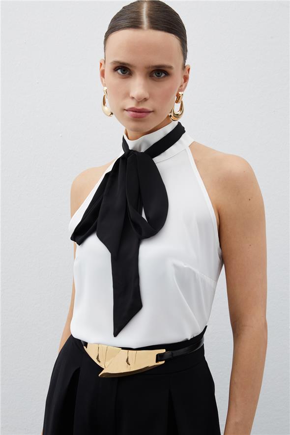 Kontrast Fularlı Kolsuz Bluz - Ekru
