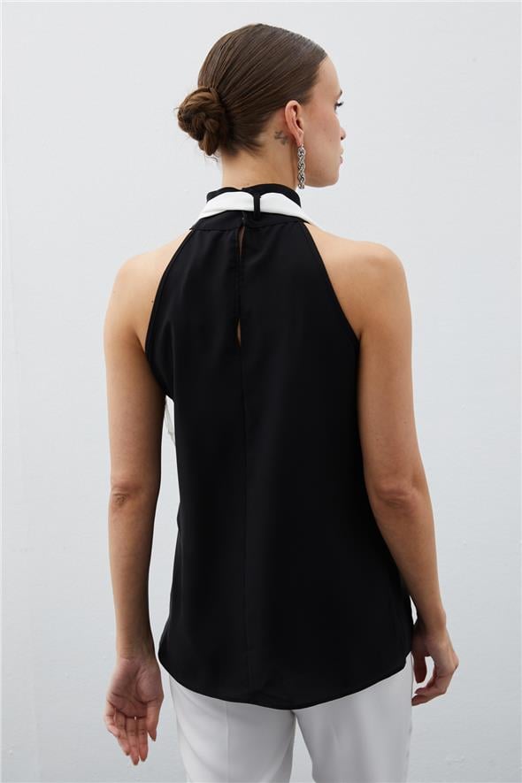 Kontrast Fularlı Kolsuz Bluz - Siyah