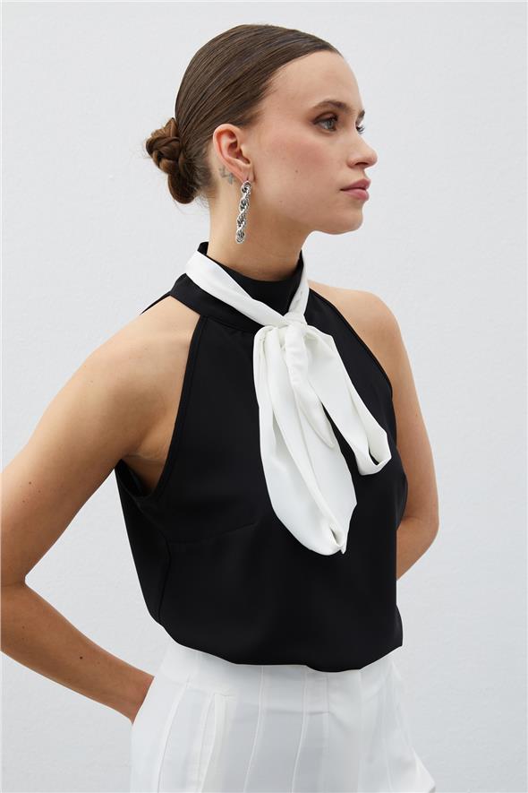 Kontrast Fularlı Kolsuz Bluz - Siyah