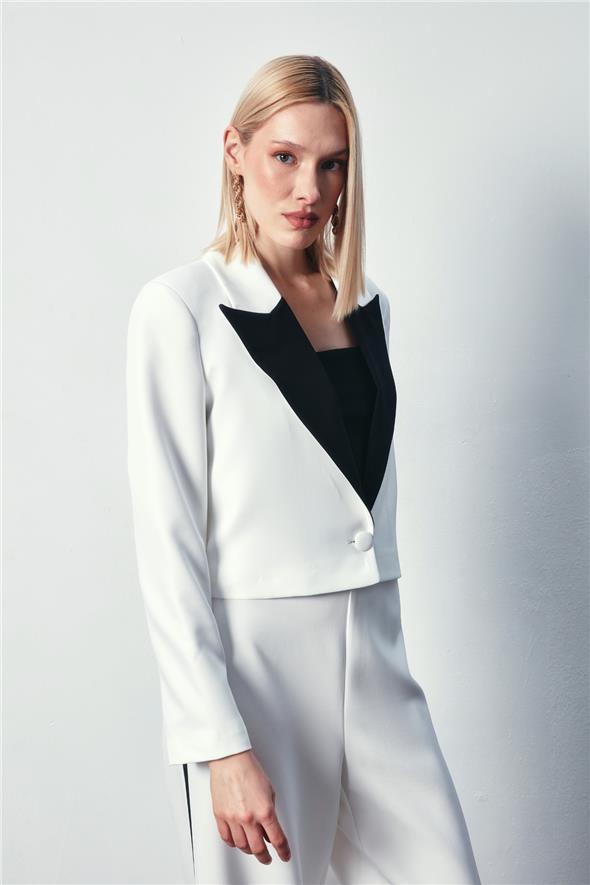 Kontrast Kısa Ceket - Ekru