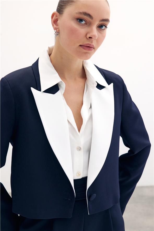 Kontrast Kısa Ceket - Lacivert