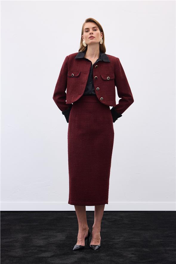 Kontrast Kısa Tüvit Ceket - Bordo