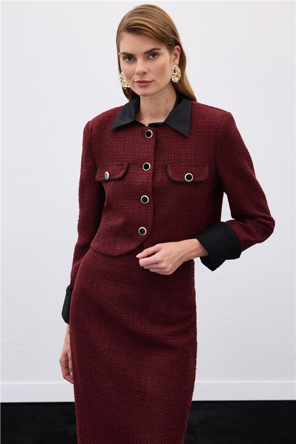 Kontrast Kısa Tüvit Ceket - Bordo