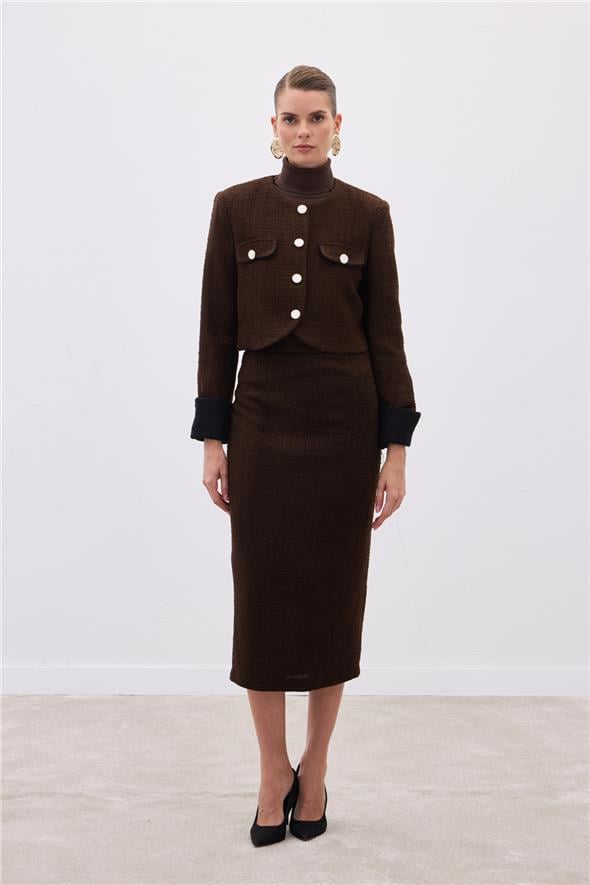 Kontrast Kısa Tüvit Ceket - Kahve