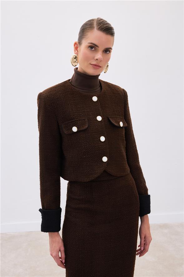 Kontrast Kısa Tüvit Ceket - Kahve