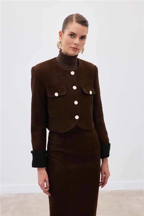 Kontrast Kısa Tüvit Ceket - Kahve