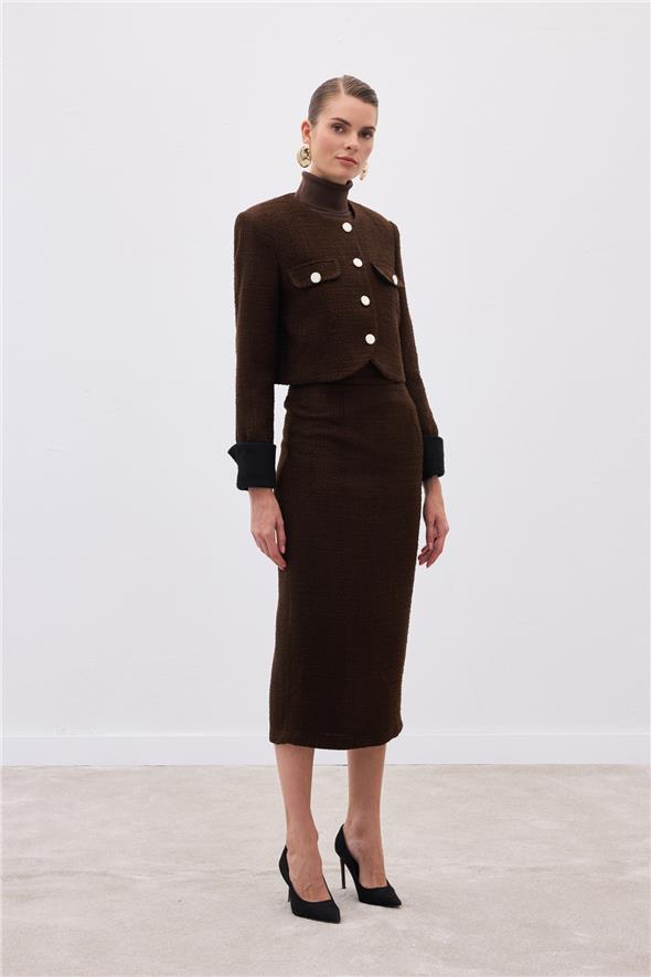 Kontrast Kısa Tüvit Ceket - Kahve