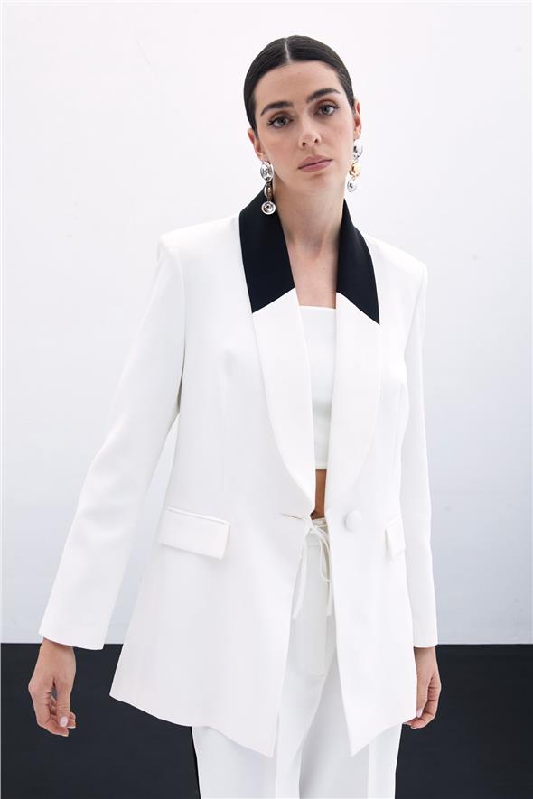 Kontrast Uzun Ceket - Ekru