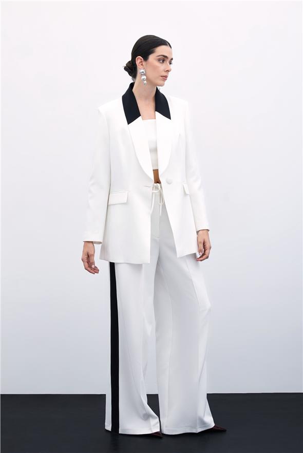 Kontrast Uzun Ceket - Ekru