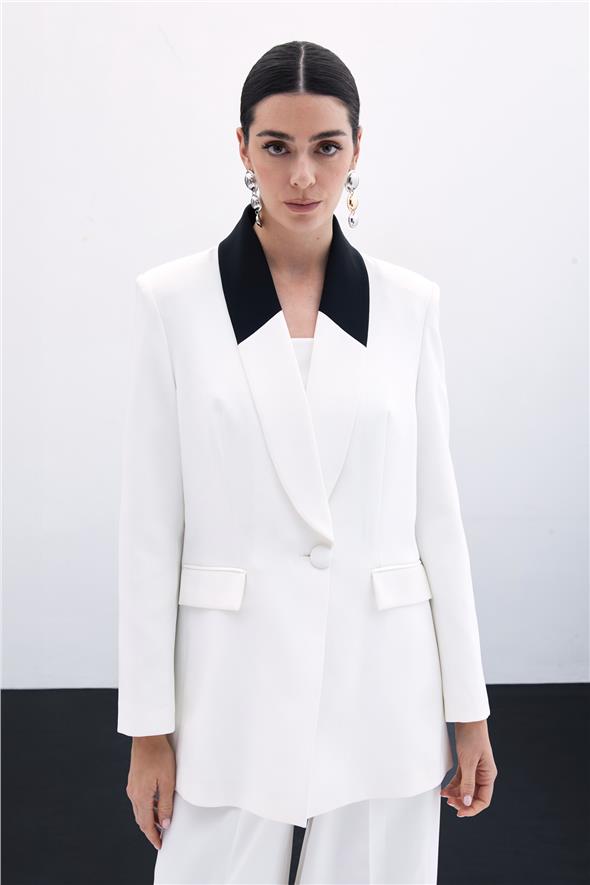 Kontrast Uzun Ceket - Ekru