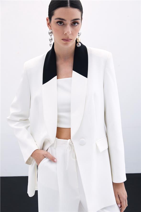 Kontrast Uzun Ceket - Ekru